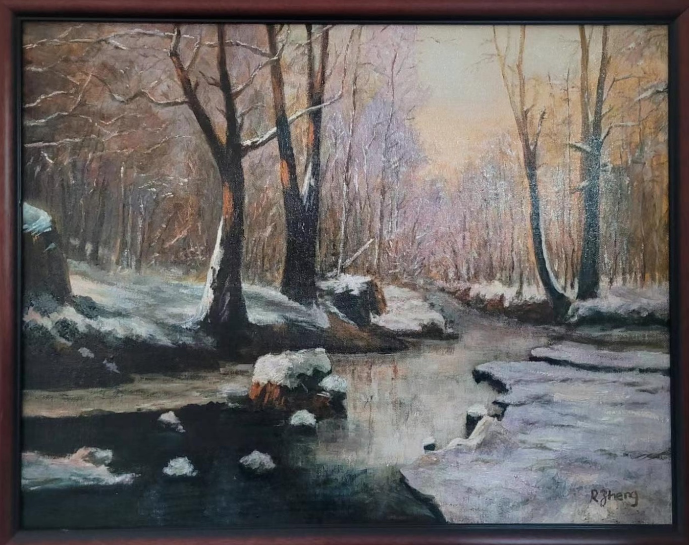Painting of woods with a river