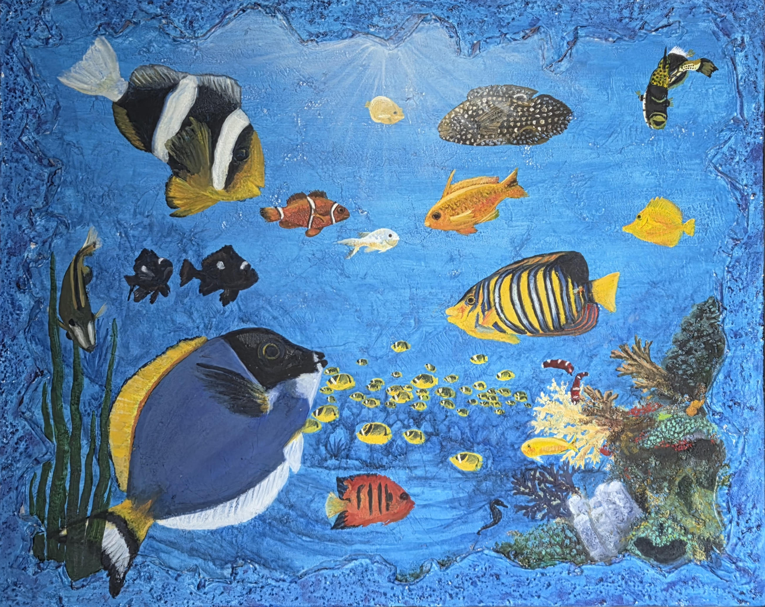 painting of fish in the ocean seen underwater